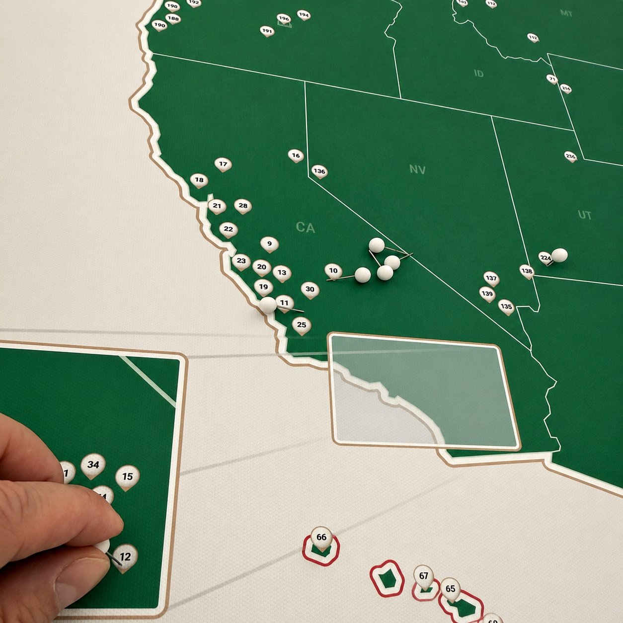 United States Push Pin Map: Top 250 Golf Courses (Green)
