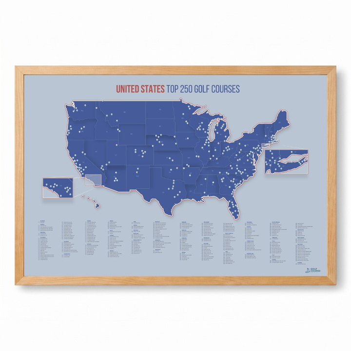 United States Push Pin Map: Top 250 Golf Courses (Blue)