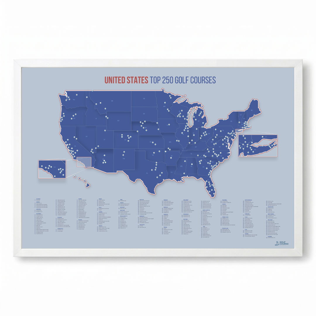 United States Push Pin Map: Top 250 Golf Courses (Blue)