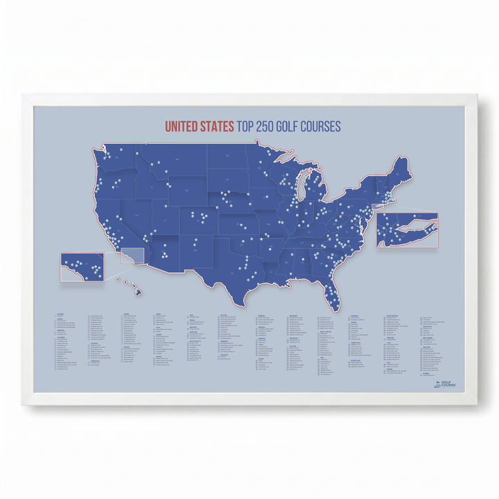 United States Push Pin Map: Top 250 Golf Courses (Blue)