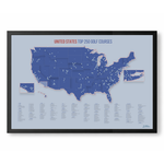 United States Push Pin Map: Top 250 Golf Courses (Blue)
