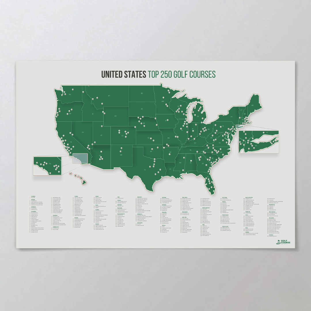 United States Push Pin Map: Top 250 Golf Courses (Green)