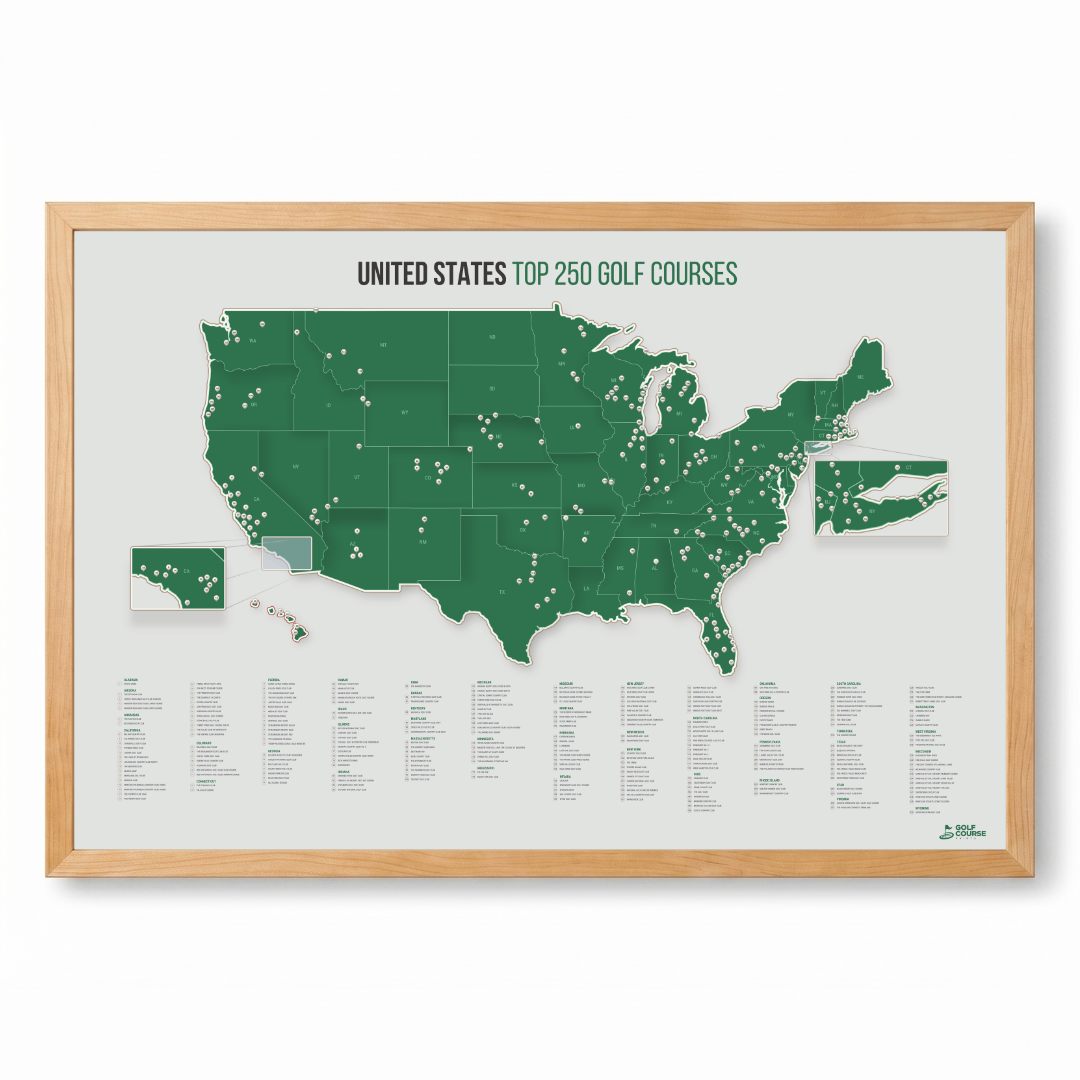 United States Push Pin Map: Top 250 Golf Courses (Green)