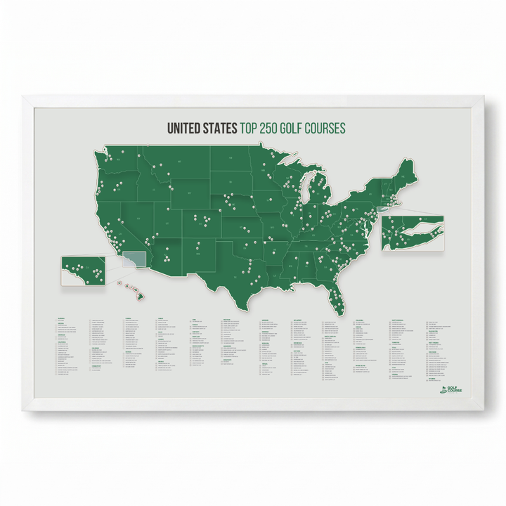 United States Push Pin Map: Top 250 Golf Courses (Green)