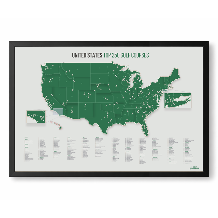 United States Push Pin Map: Top 250 Golf Courses (Green)