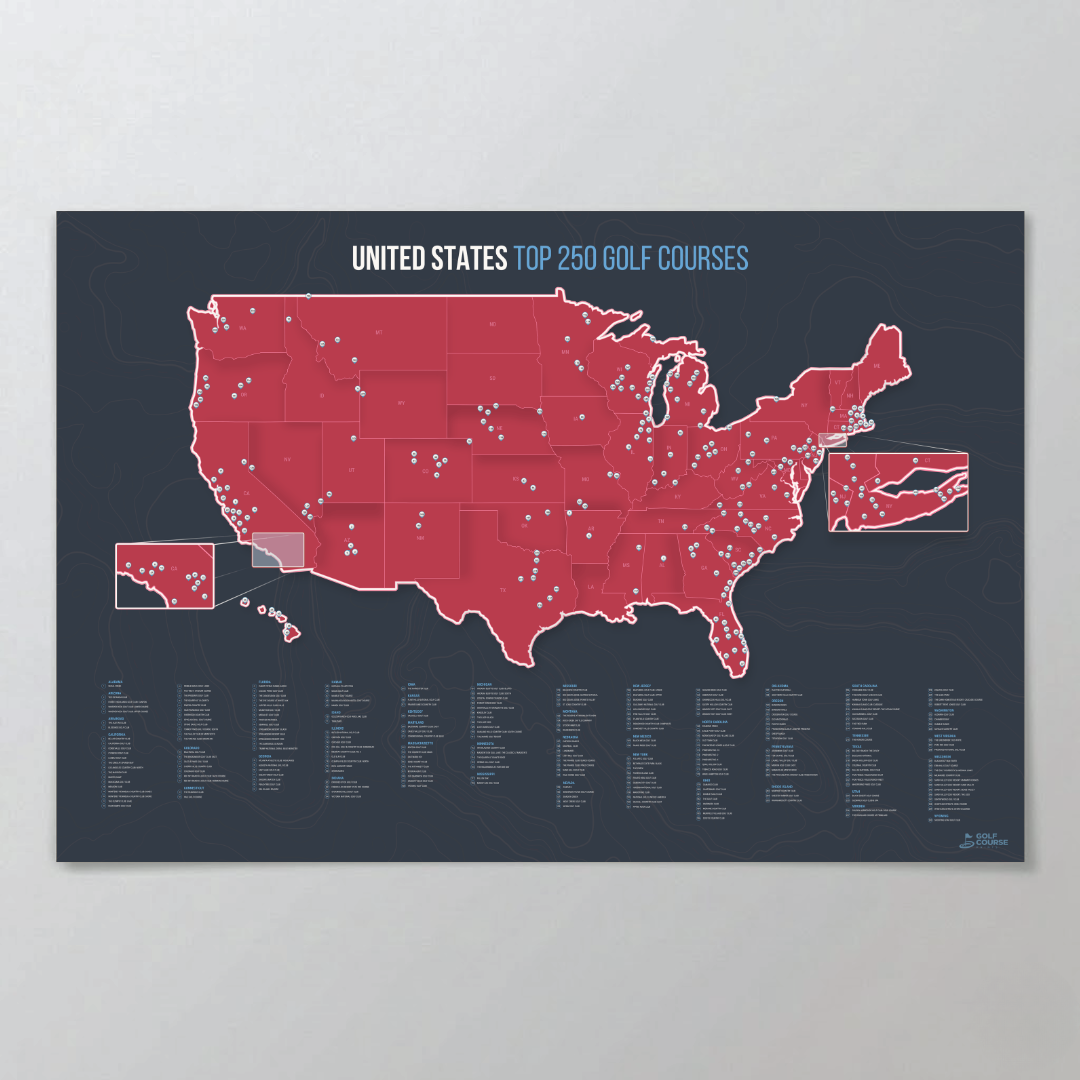 United States Push Pin Map: Top 250 Golf Courses (Red)