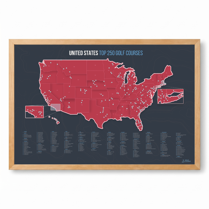United States Push Pin Map: Top 250 Golf Courses (Red)