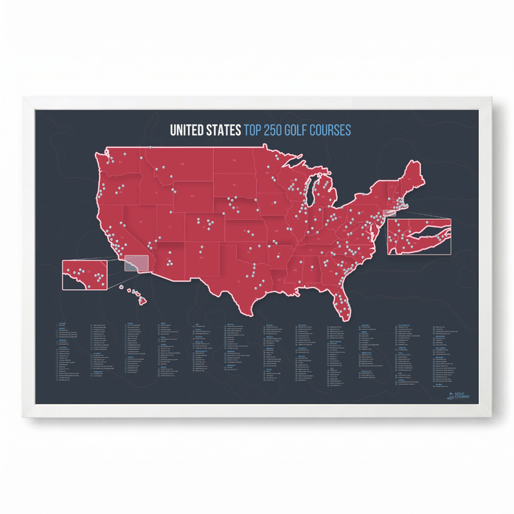 United States Push Pin Map: Top 250 Golf Courses (Red)