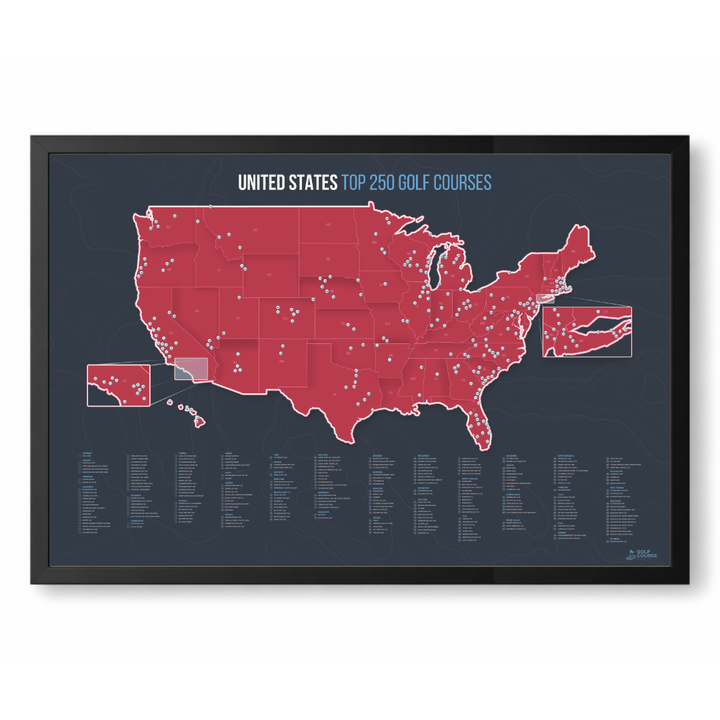 United States Push Pin Map: Top 250 Golf Courses (Red)