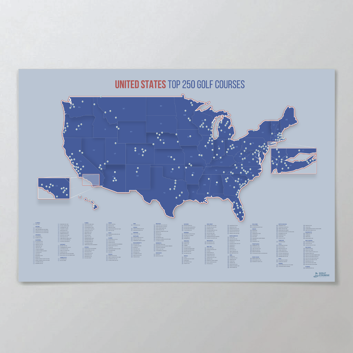 United States Push Pin Map: Top 250 Golf Courses (Blue)