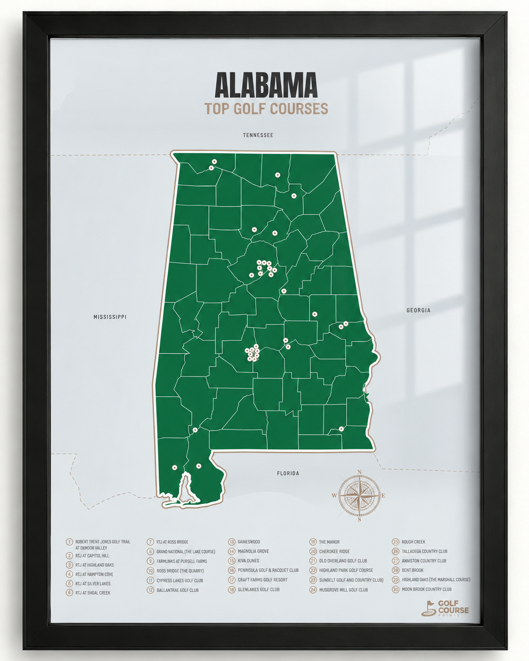 Alabama golf courses map in Green - Black Framed