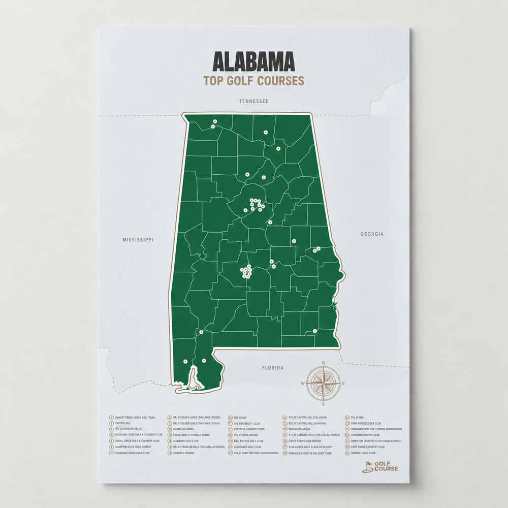 Alabama golf courses map in Green - Unframed