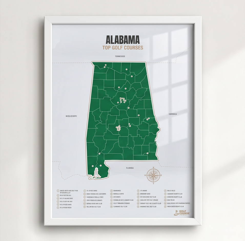 Alabama golf courses map in Green - White Framed