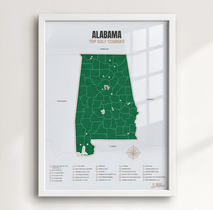 Alabama golf courses map in Green - White Framed