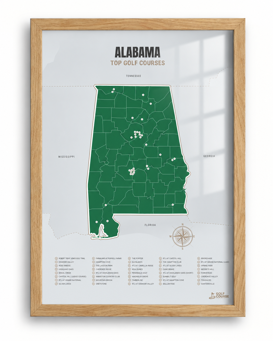 Alabama golf courses map in Green - Wooden Framed
