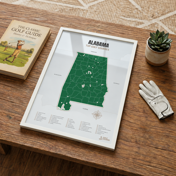 Alabama golf courses map in Green - White Framed