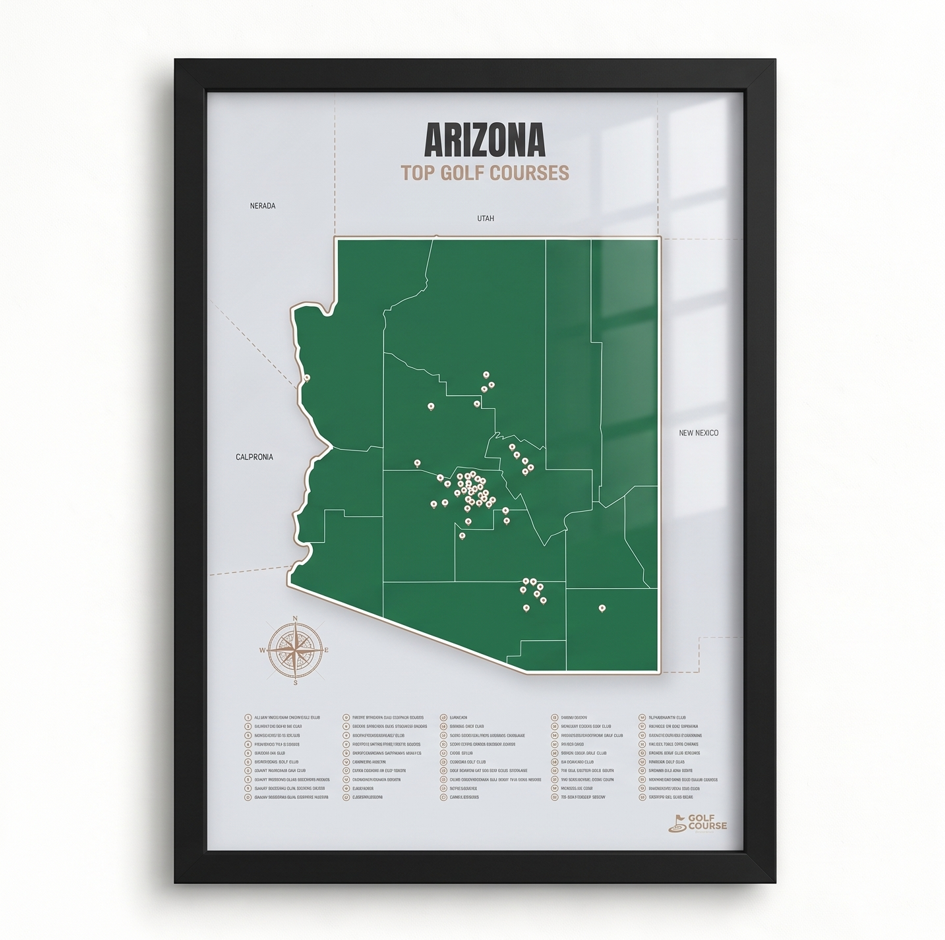 Arizona golf courses map in Green - Black Framed