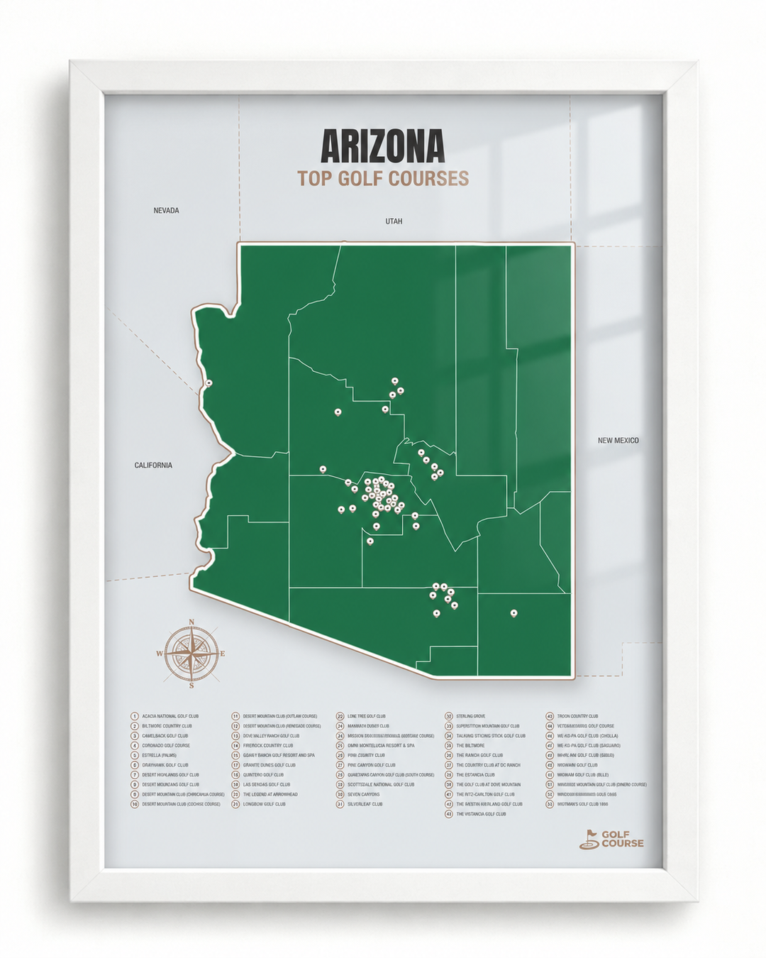 Arizona golf courses map in Green - White Framed