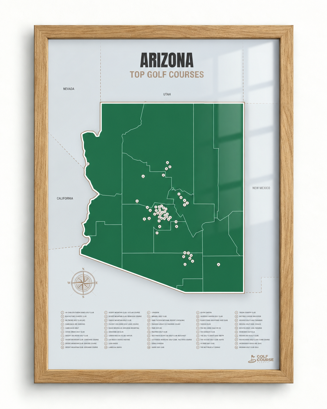 Arizona golf courses map in Green - Wooden Framed
