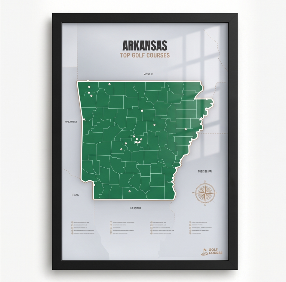 Arkansas golf courses map in Green - Black Framed