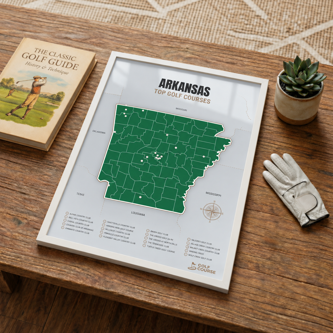 Arkansas golf courses map in Green - White Framed