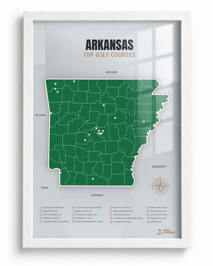 Arkansas golf courses map in Green - White Framed
