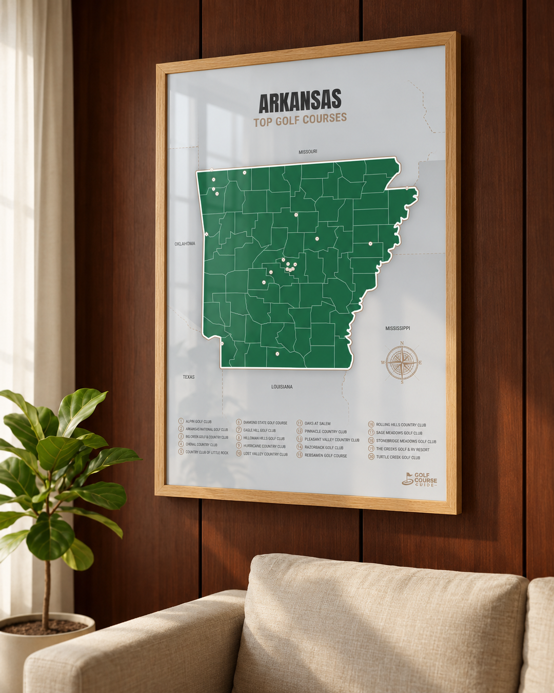 Arkansas golf courses map in Green - Wooden Framed