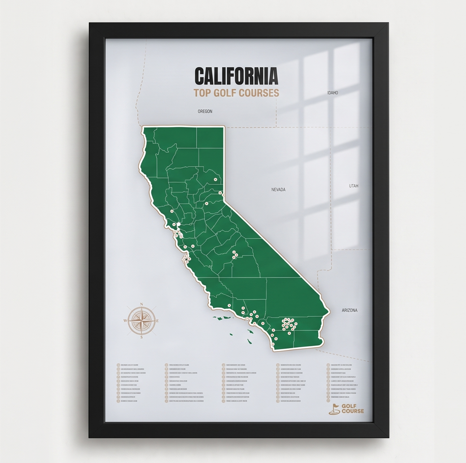 California golf courses map in Green - Black Framed
