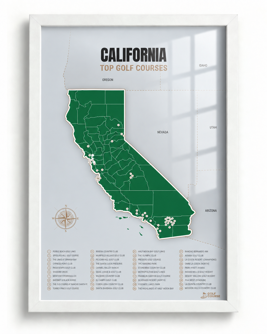 California golf courses map in Green - White Framed