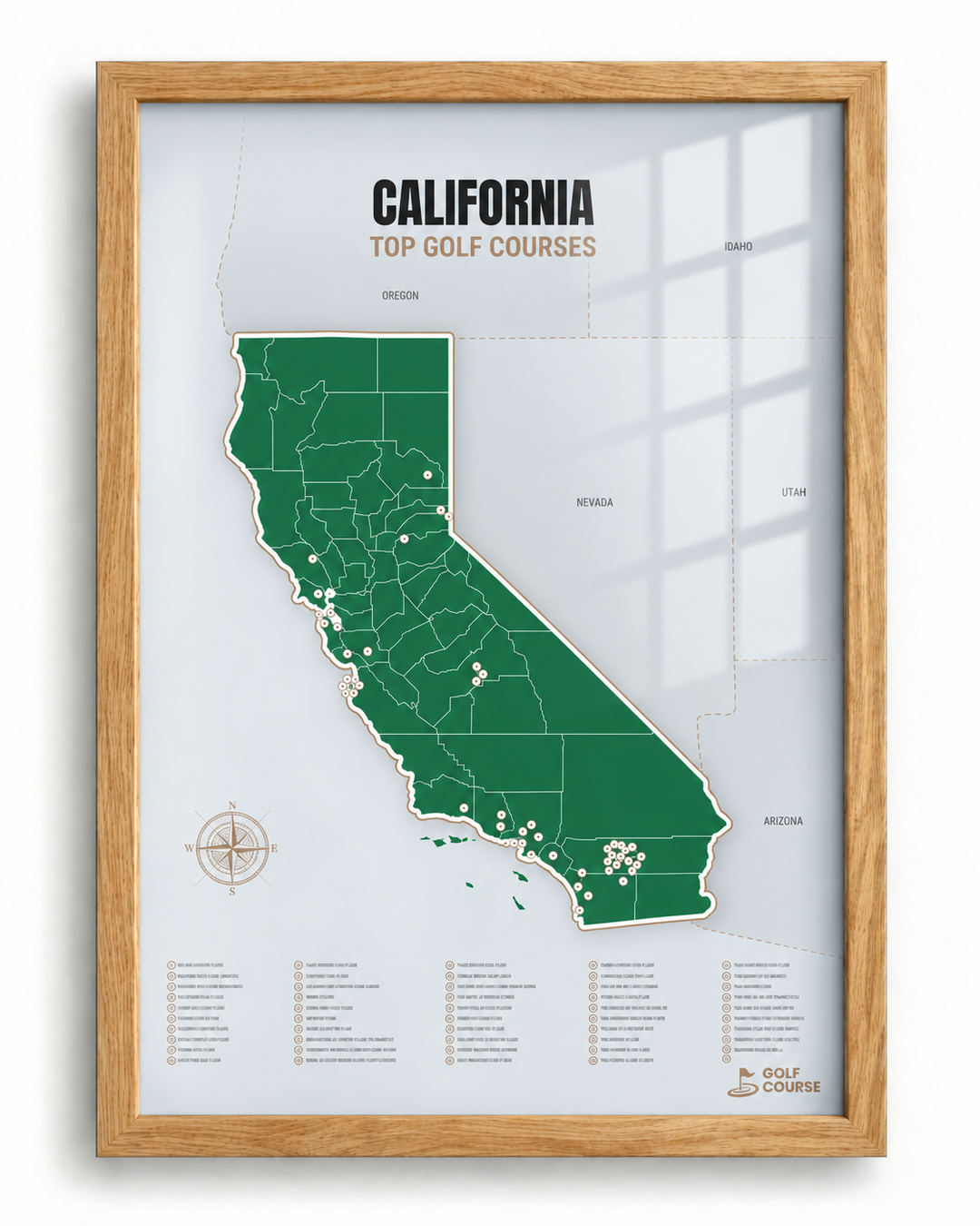 California golf courses map in Green - Wooden Framed