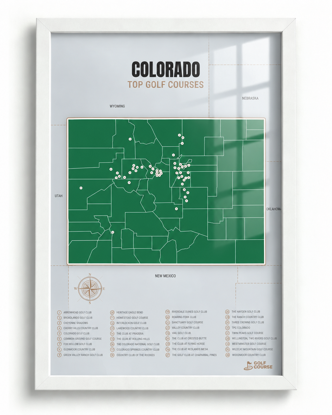 Colorado golf courses map in Green - White Framed