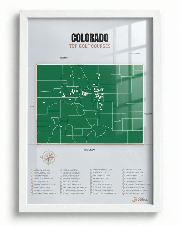 Colorado golf courses map in Green - White Framed