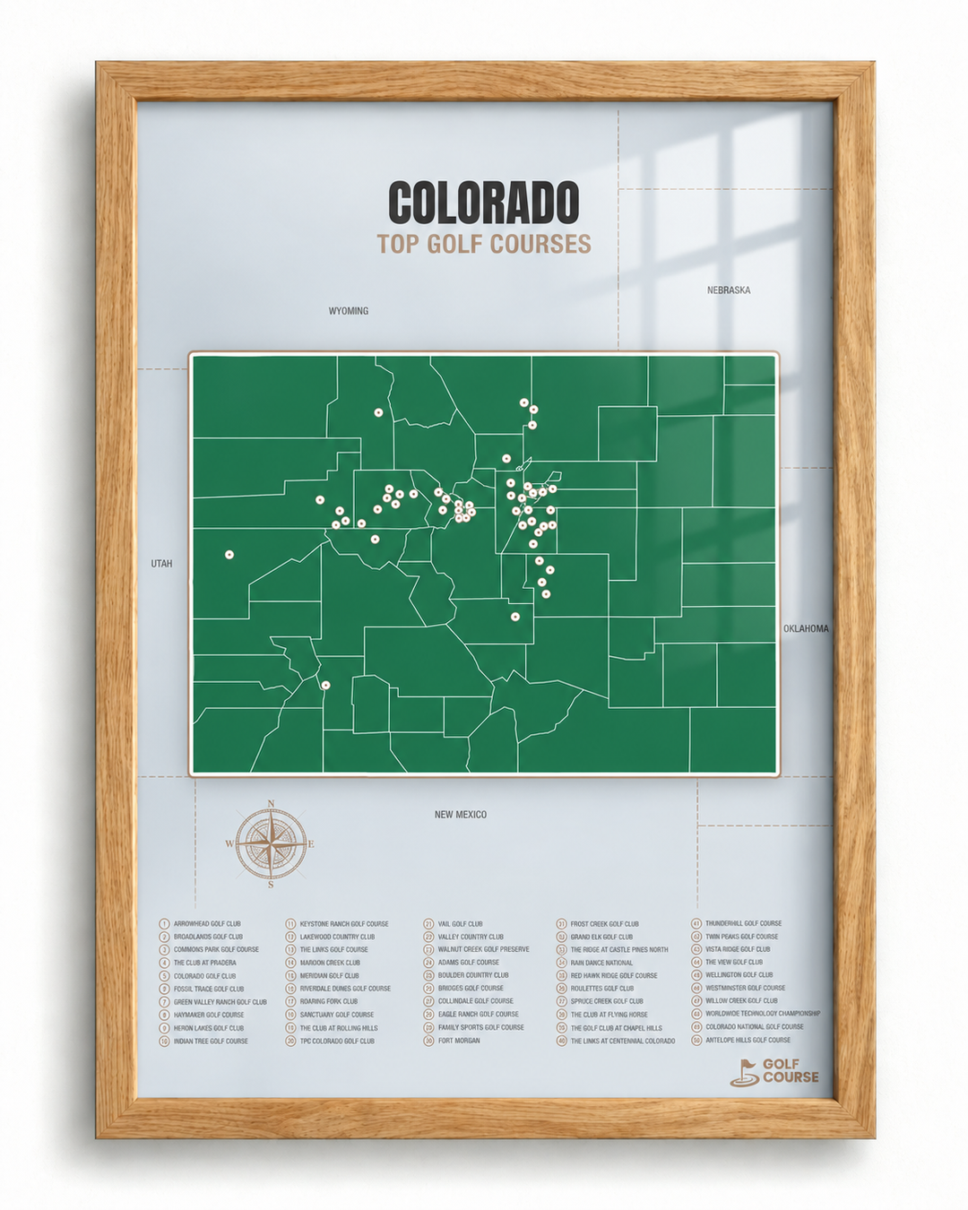 Colorado golf courses map in Green - Wooden Framed