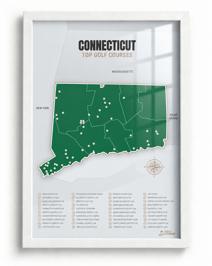 Connecticut golf courses map in Green - White Framed