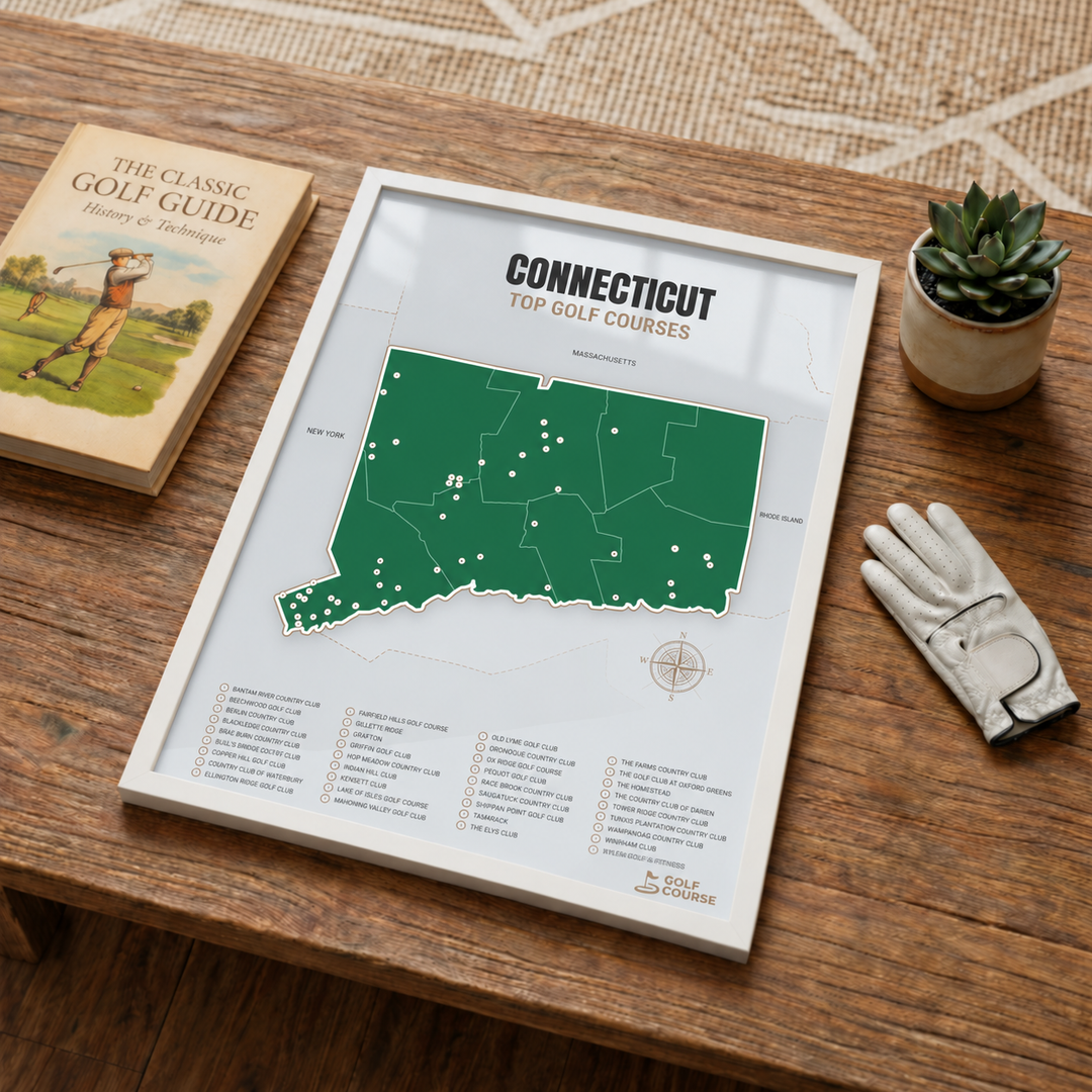 Connecticut golf courses map in Green - White Framed
