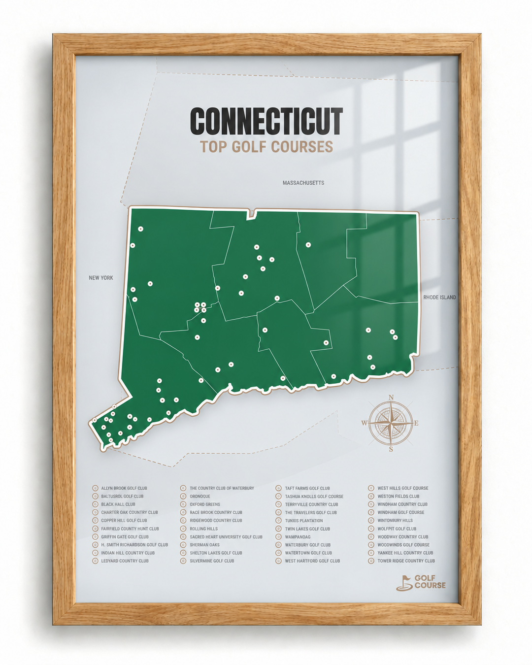 Connecticut golf courses map in Green - Wooden Framed