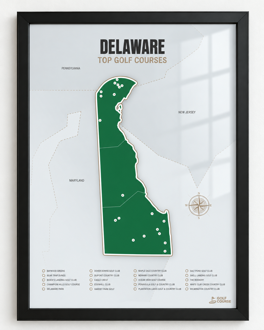 Delaware golf courses map in Green - Black Framed