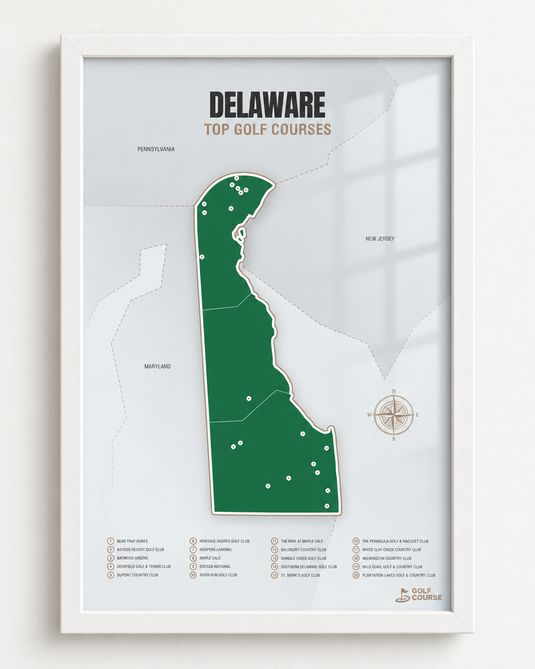 Delaware golf courses map in Green - White Framed