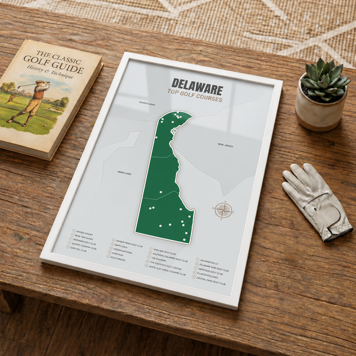 Delaware golf courses map in Green - White Framed