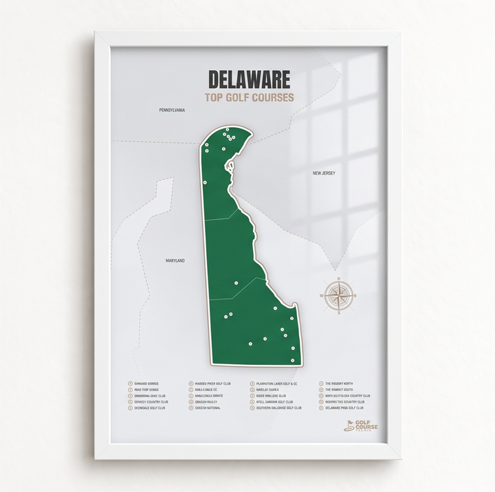 Delaware golf courses map in Green - White Framed