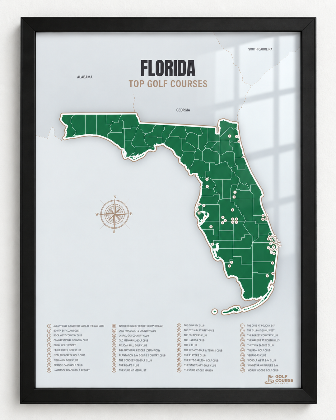 Florida golf courses map in Green - Black Framed