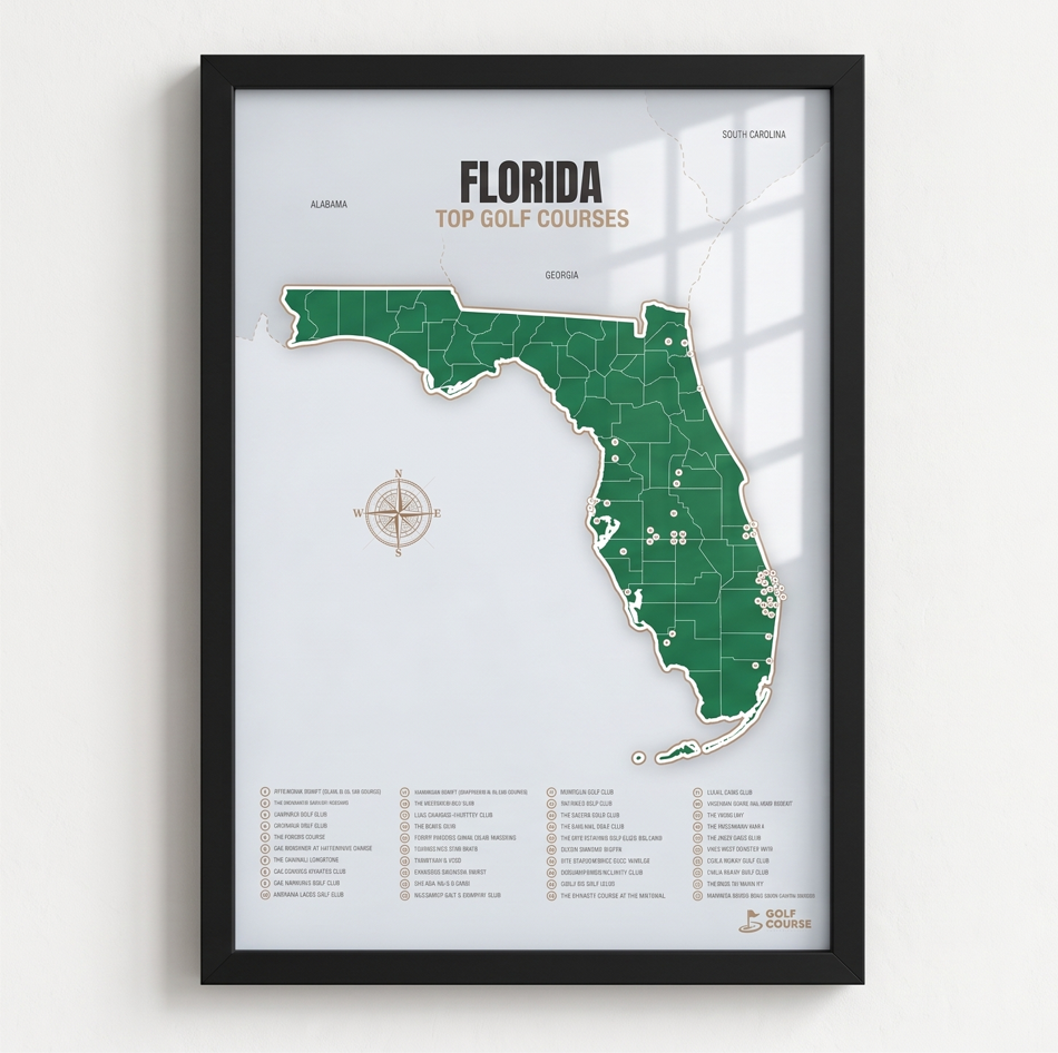 Florida golf courses map in Green - Black Framed