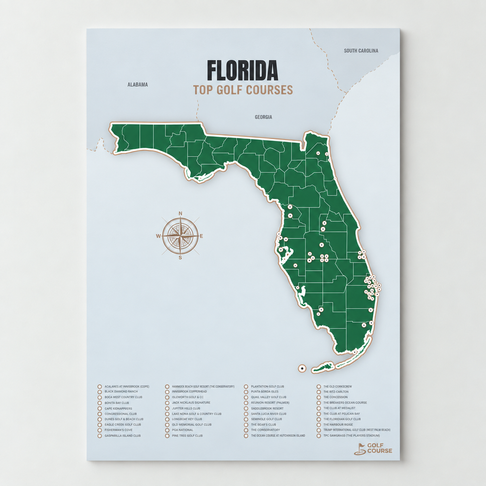 Florida golf courses map in Green - Unframed