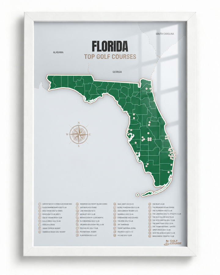 Florida golf courses map in Green - White Framed