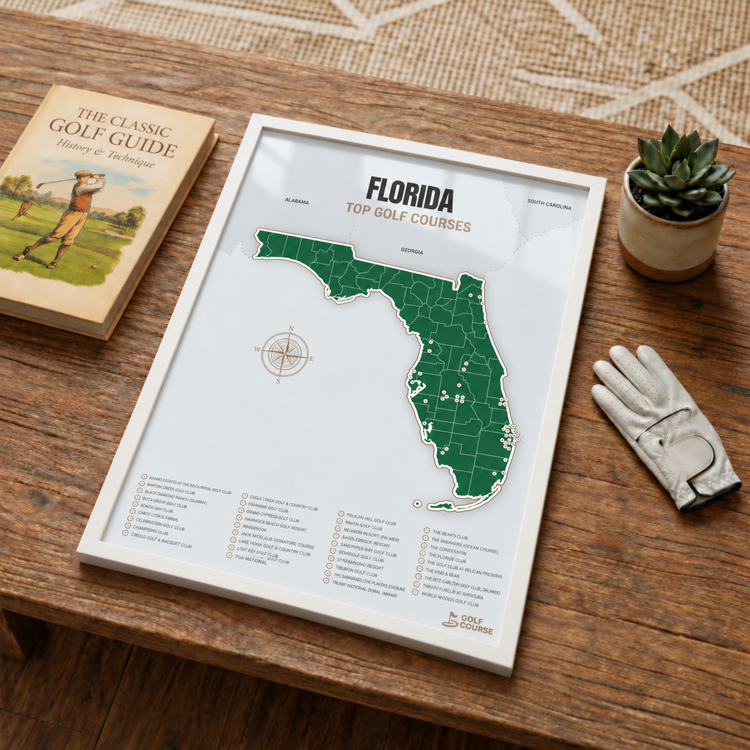 Florida golf courses map in Green - White Framed