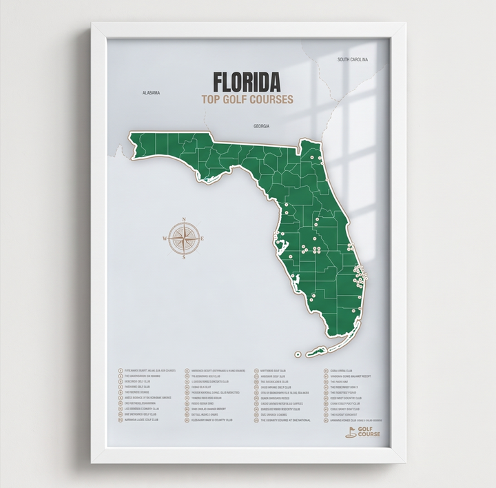 Florida golf courses map in Green - White Framed