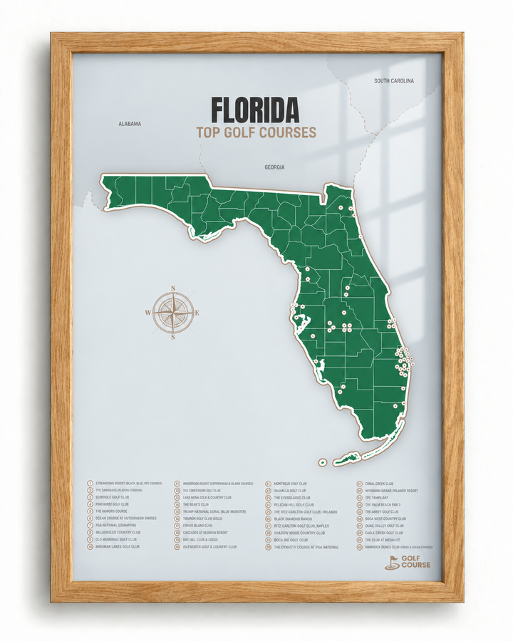 Florida golf courses map in Green - Wooden Framed
