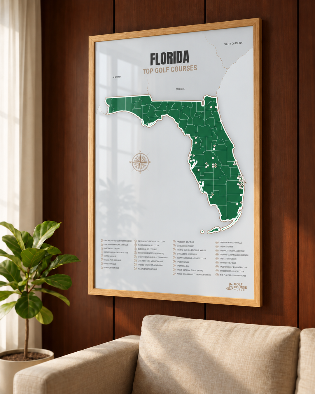 Florida golf courses map in Green - Wooden Framed
