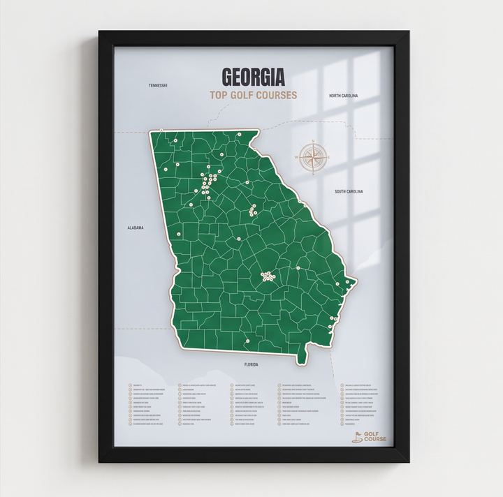 Georgia golf courses map in Green - Black Framed