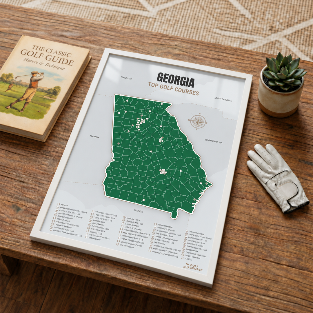 Georgia golf courses map in Green - White Framed
